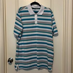 Adidas Golf striped polo. Size XL. Teal, gray and white striped.